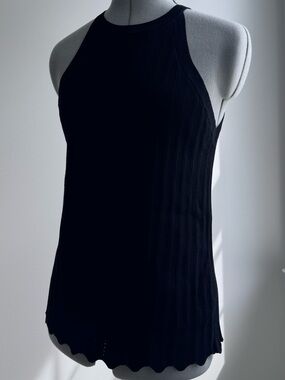 Skies Are Blue Black Ribbed Knit Halter Tank Top Size M Scalloped Hem Sleeveless